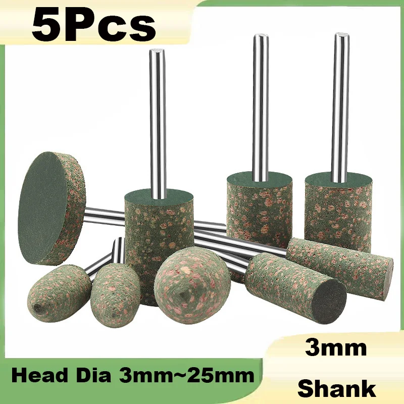 5Pcs 3mm Shank Shaft Mounted Rubber Abrasive Grinding Head 3/4/5/6/8/10/12/22/25mm for Mold Polishing Rotary Power Tools
