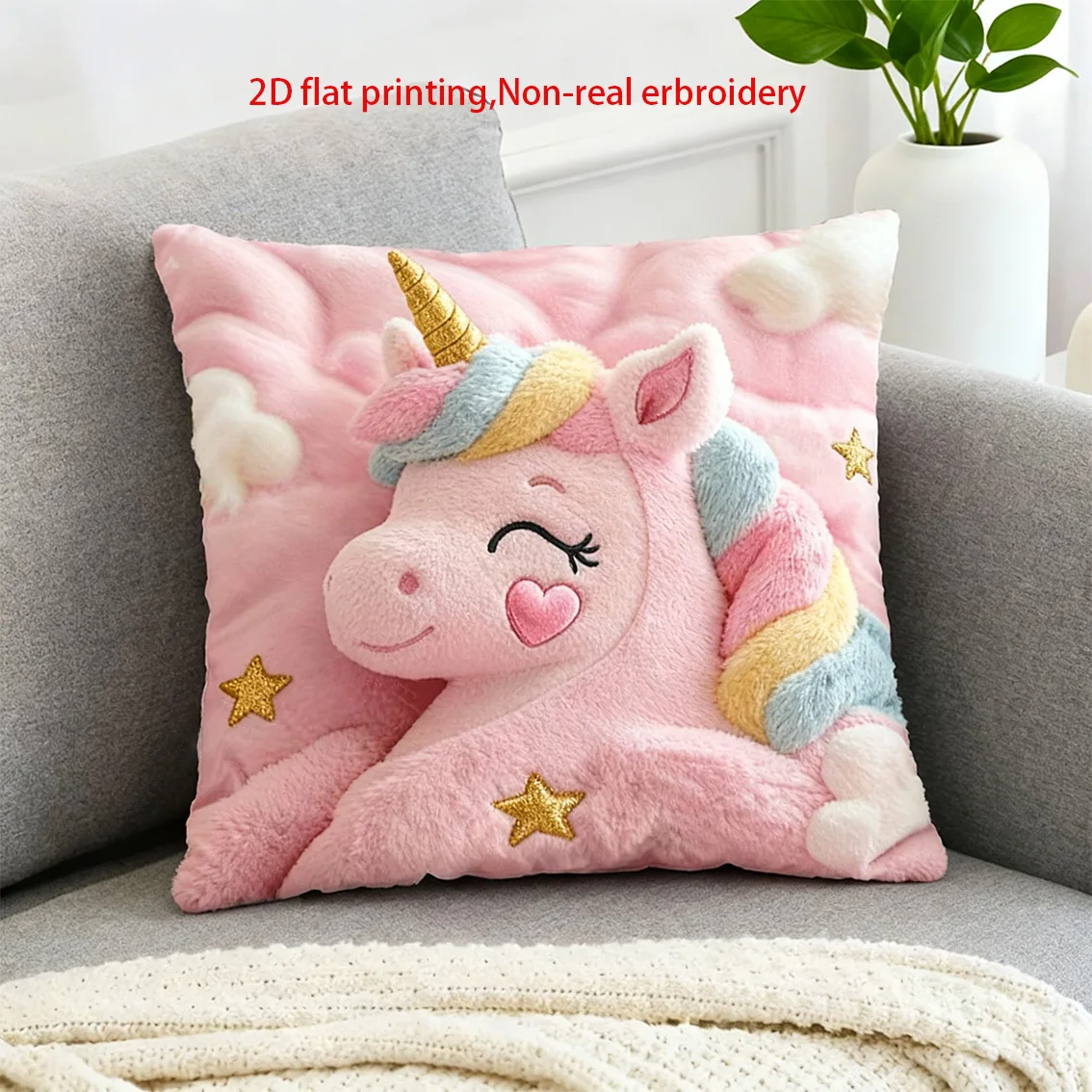 VIKAMA Faux 3D Embroidery Unicorn Pillow Covers Cozy Pink Cushion Covers Girls Room Decor Pillow Cases Home Decor