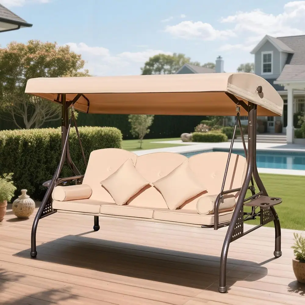

3-Person Patio Swing Bed with Cushions, Pillows, Cup Holders for Outdoor, Garden, Deck (Khaki)