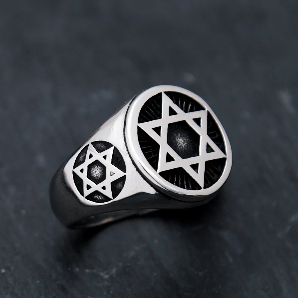Punk prosta gwiazda dawida pierścień moda stal nierdzewna Vintage kolor srebrny heksagram pierścień dla mężczyzn Biker biżuteria Amulet hurtownia