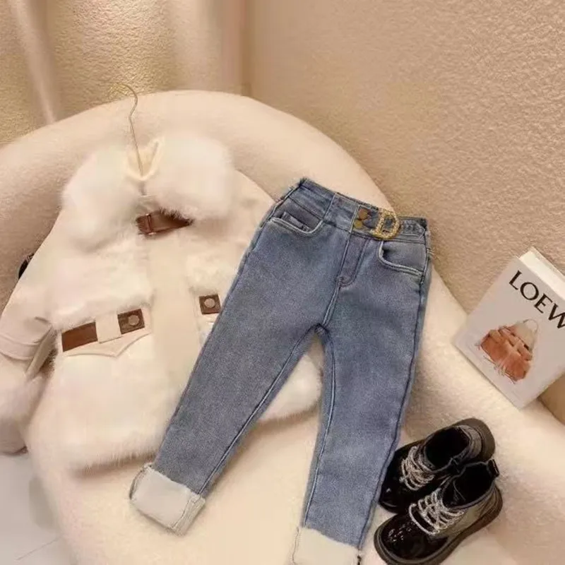 Calça jeans grossada de pelúcia infantil, 1 peça, pequena e média menina, calça de bebê, elegante, infantil, outono, inverno, nova