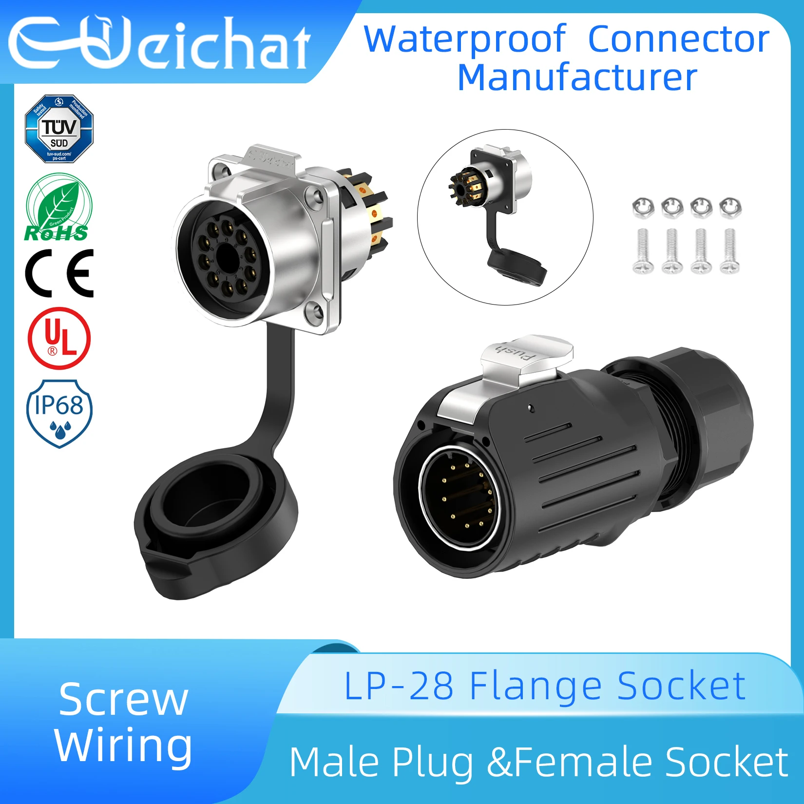 E-WeiChat EW-LP28 IP68 Waterproof Connector Male Plug Female Socket Strong Power Electrical Screw Lock Solderless