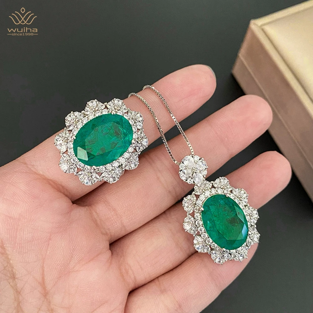 

WUIHA Luxury 925 Sterling Silver 12*16MM Emerald Sapphire Courndum Ring/Pendant/Necklace Anniversary Jewelry Set Drop Shipping