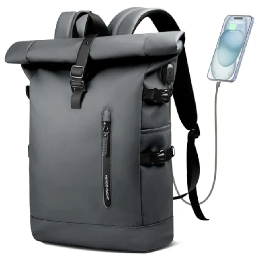 

Rolltop Backpack for Men Waterproof Travel Backpack with USB Charging Port Large Capacity Adjustable18-27L Laptop Backpack for