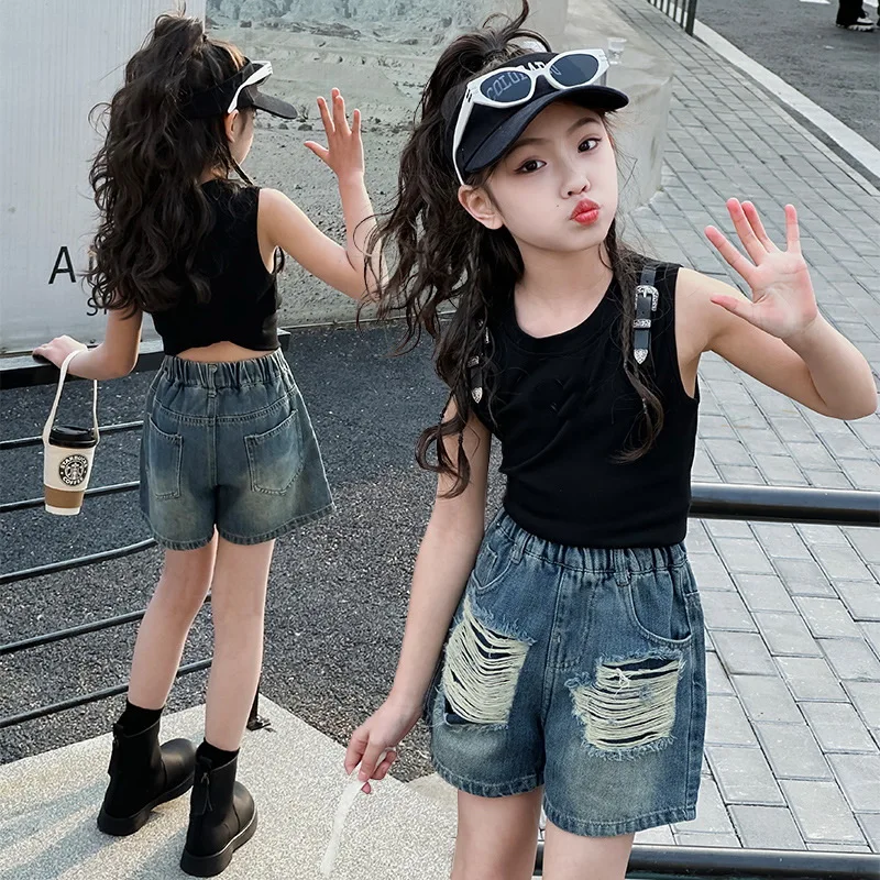 Kids Broken Denim Shorts for Teenage Girls Loose Summer High Fashion Streetwear Bottoms Children Ripped Jeans Shorts