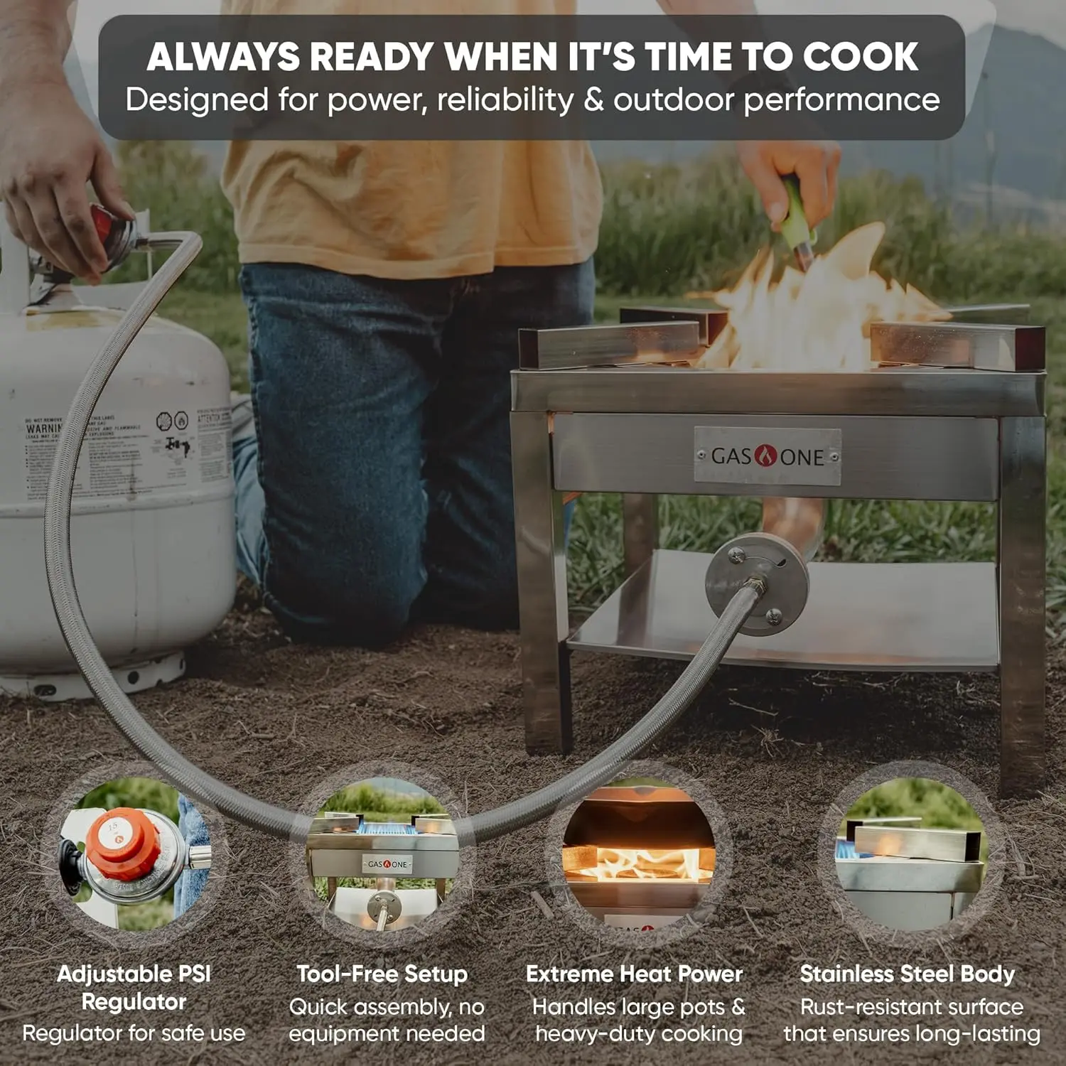 Stainless Steel Propane Burner with Adjustable Regulator for Outdoor Cooking and Turkey Frying