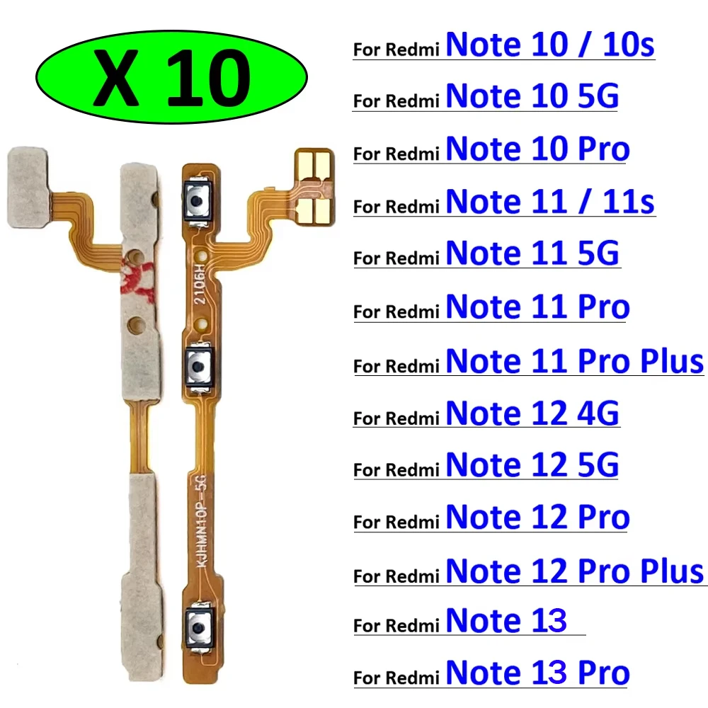 10Pcs, Power on off Volume Key Button Flex Cable For Xiaomi Redmi Note 10 10s 11 11s 12 12s 13 Pro Plus 4G 5G