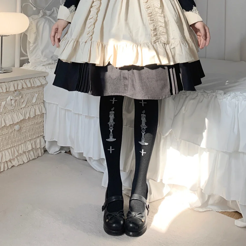 Lolita Socks Women Velvet Print Pantyhose Lolita Sweet Japanese Stockings Black Spring Summer 80D Sexy Stockings