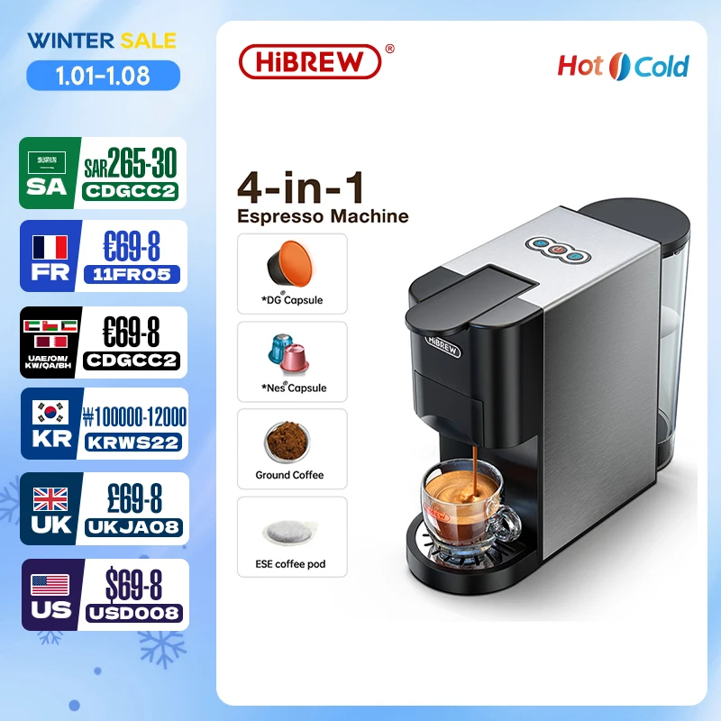 HiBREW Coffee Machine 4in1 Multiple Capsule Espresso  Dolce Milk&Nespresso&ESE Pod&Powder Coffee Maker Stainless Metal Outook H3