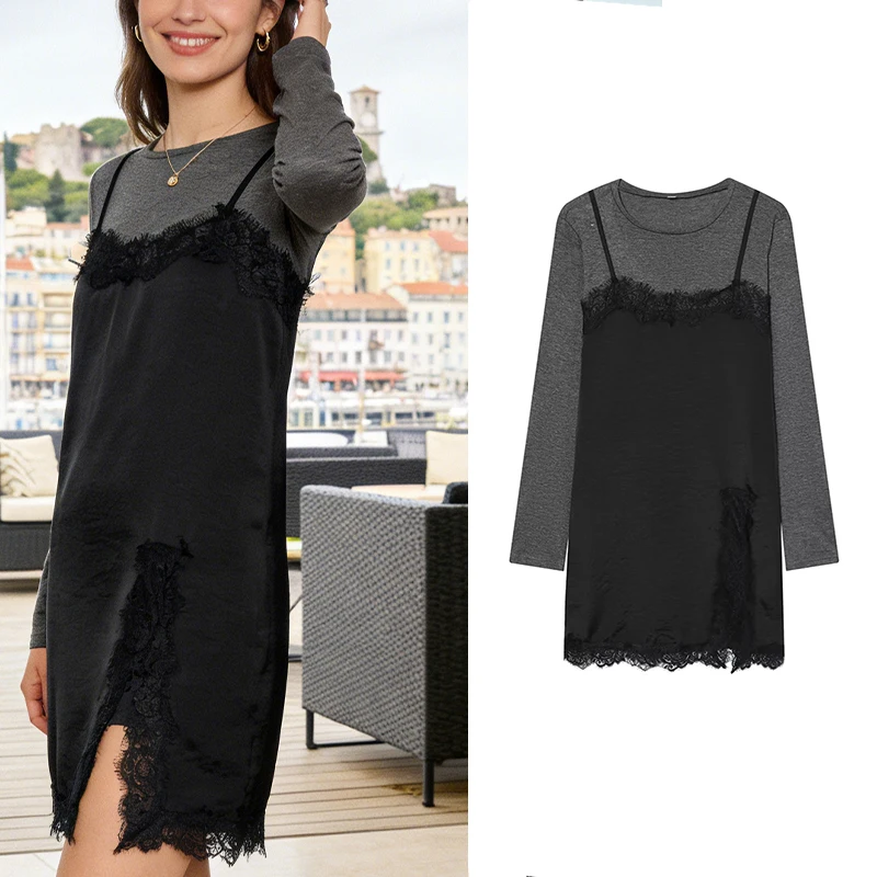 طقم فستان نسائي مكون من قطعتين مزين بالدانتيل - فستان قصير بأكمام طويلة للأزياء عبر الحدود