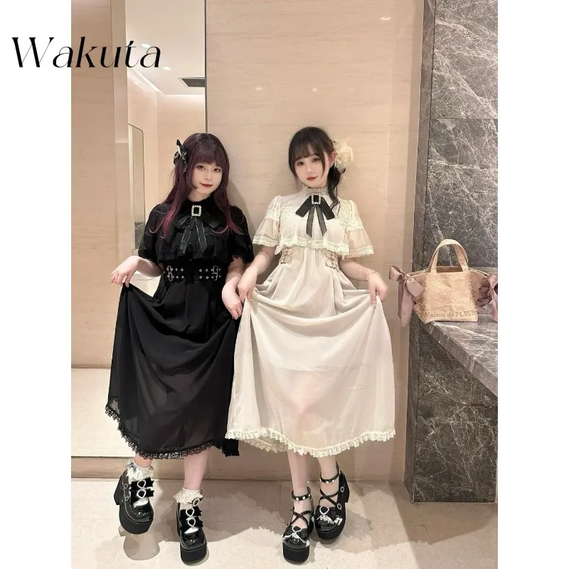 

WAKUTA Japanese Sweet Overlay Veil Cape Half-sleeve Brooch Double Lace Dresses Kawaii Hundred College Style Vestidos Streetwear