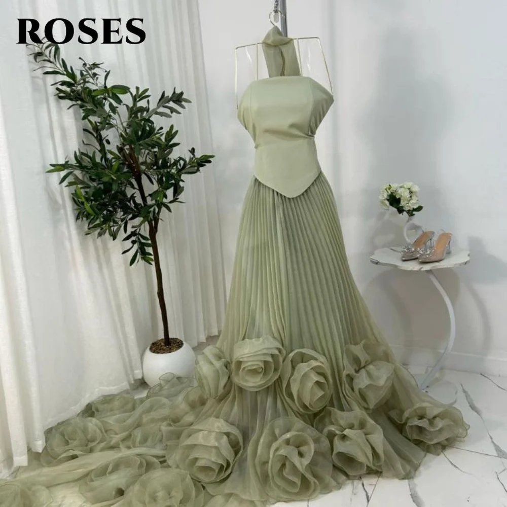 Rosas verde plissados vestidos de baile com lenço sem mangas vestidos de noite sem alças 3d-flores vestido de festa para mulher personalizado