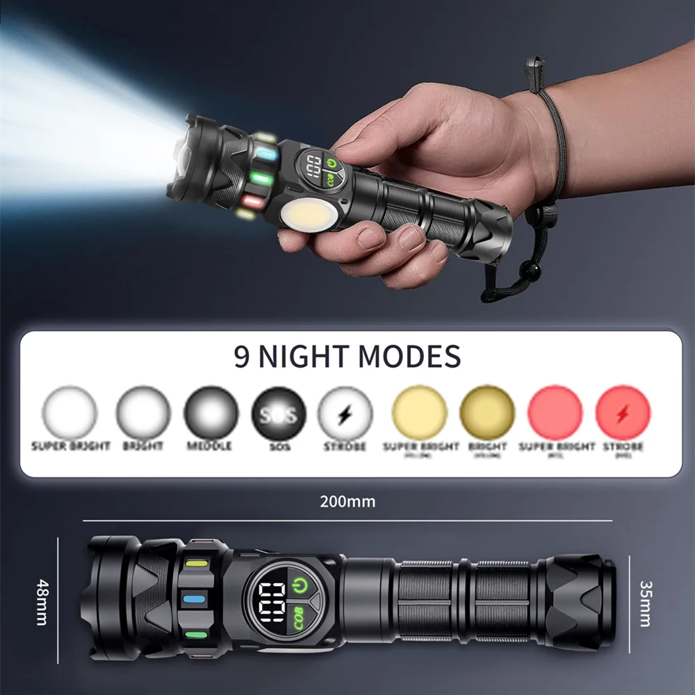 High Power Spotlight Long Range LED Flashlight With Side COB Light Type-C Charging Zoomable 26800 high-capacity Torch Lantern