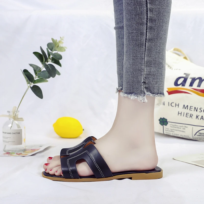 2024 Summer women's slippers H-shaped pattern rubber soft low heel high-end simple shopping shoes for women