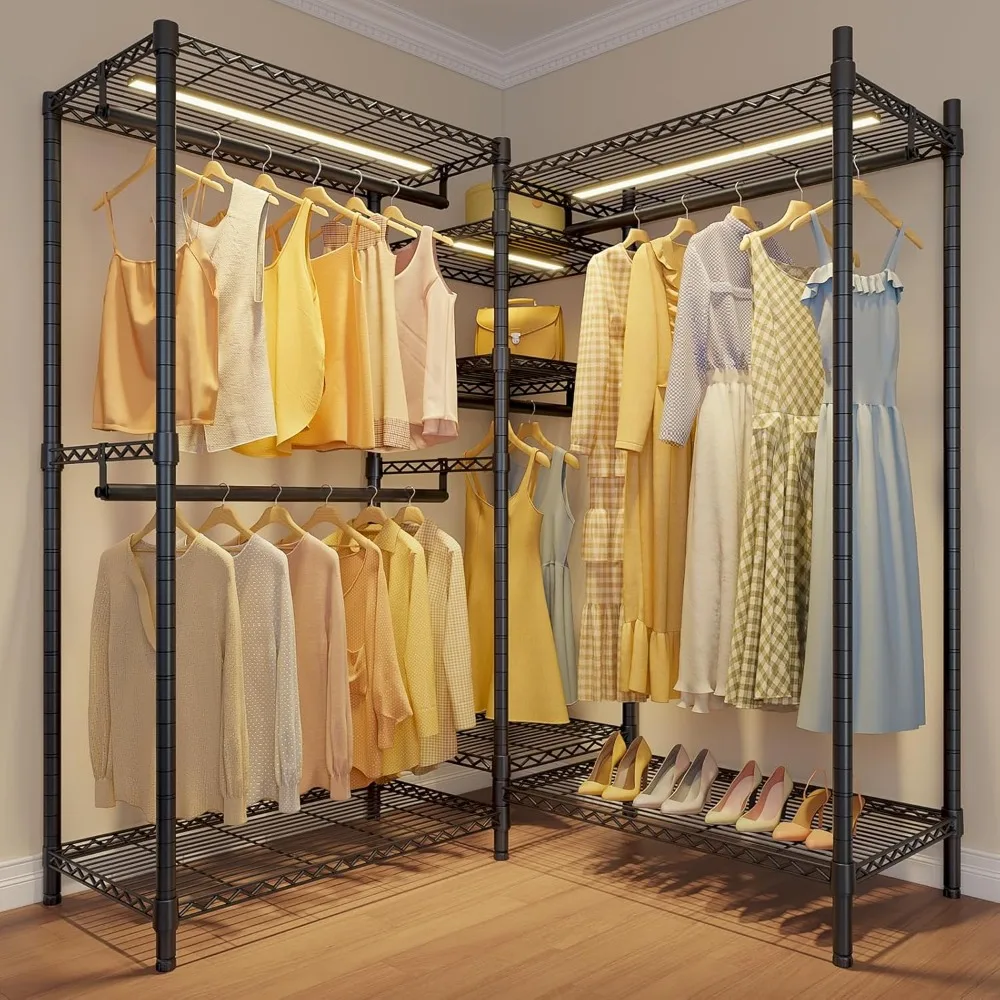 

L Shape Garment Rack with Shelves Heavy Duty Clothes Rack for Hanging Clothes with Dimmable LED Light, L Shaped Clothing Rack