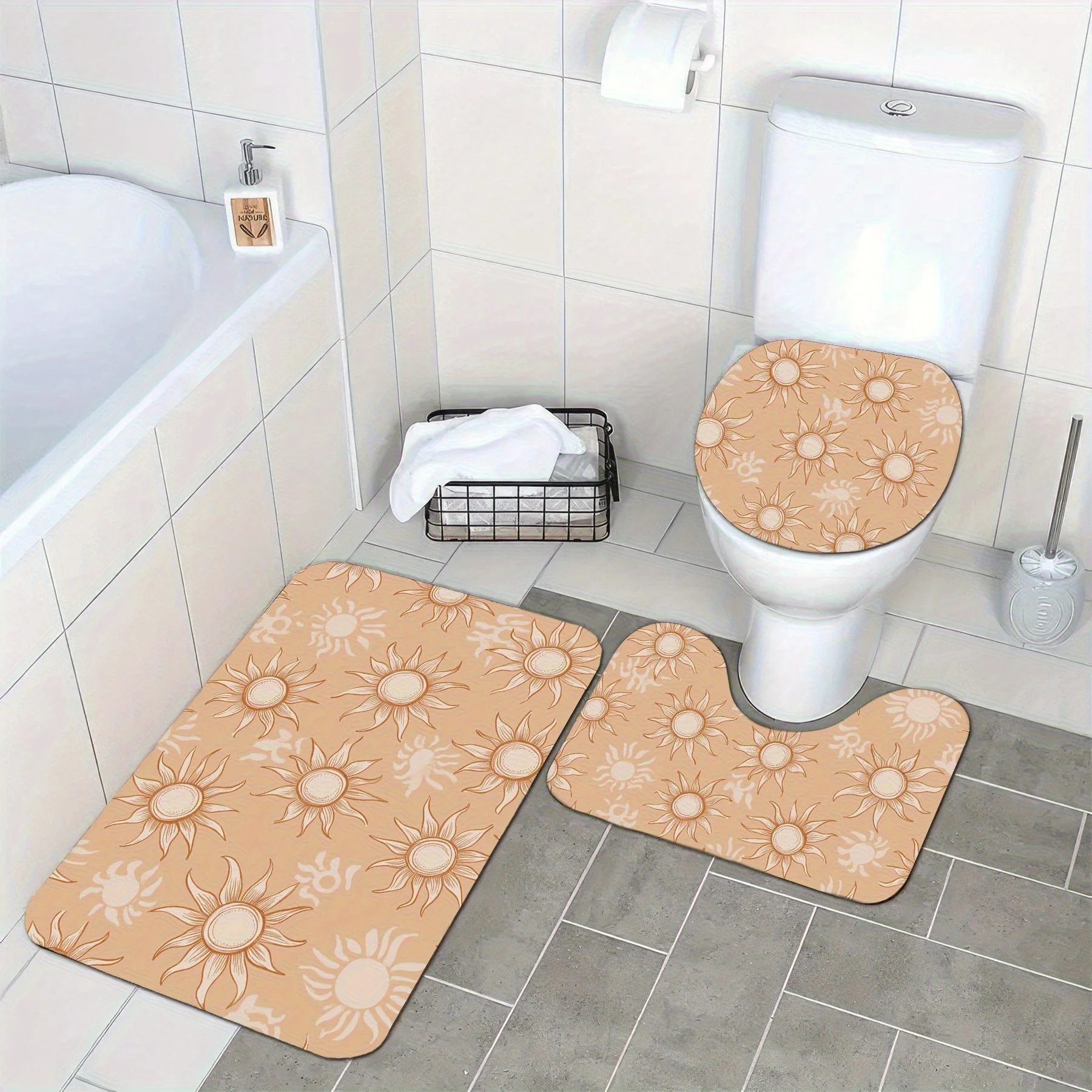 3pc Orange sun print bathroom set, U-shaped mat, non-slip mat, toilet seat cover, suitable for bathroom decor.