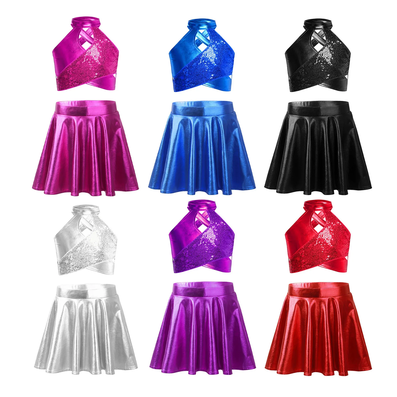 

Girls Metallic Clothes Set Hip Hop Jazz Dance Costume Outfit Sequin Shiny Crop Top with Pleated Skirt Modern Cheer Dancewear