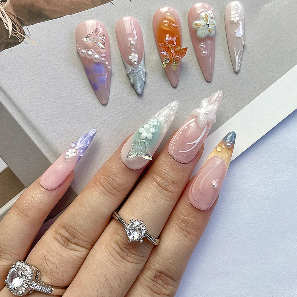 Handmade Long Almond Flower Full Cover Pink Nail Party Sticker 3D Butterfly Pearl French Fake Style Nail Agate Bracelet Ring Set