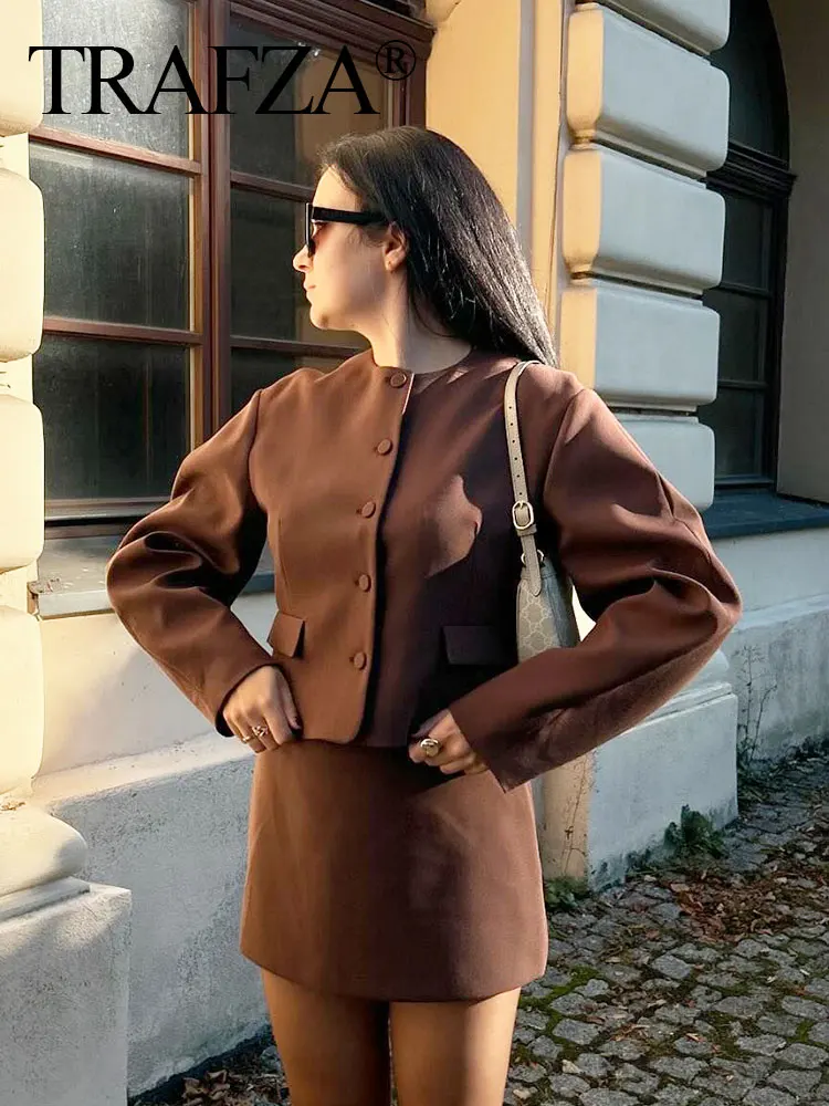 TRAFZA Mini Spódniczka Zestawy Dla Kobiet Vintage Solid O Neck Cropped Blazer Coat Płaszcz Jednorzędowa Kurtka z Długim Rękawem Strój Damski