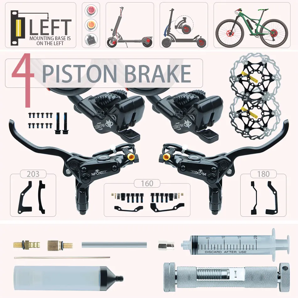 NFOX B015 4-piston Disc Hydraulic Brake E-bike Folding Mountain Bike Bicycle Power Off Black Red 160 180 203 Roto Split Tube New