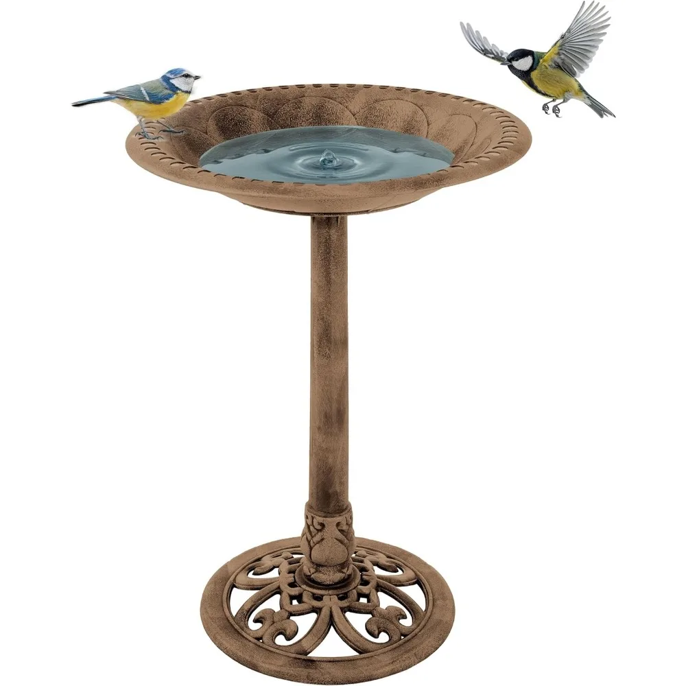 アンティークブロンズの鳥の水飲み場、ヴィンテージスクロールデザイン、耐候性樹脂製、庭の屋外装飾用の地面用杭3本付き