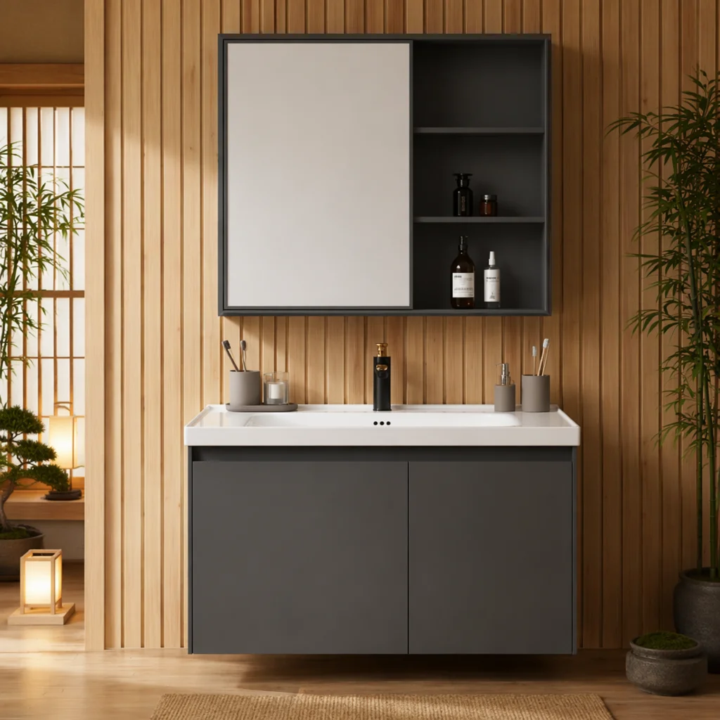 Modern Floating Aluminum Alloy Vanity Cabinet With Wash Basin LED Mirror Chrome Finish 60cm For Complete Bathroom