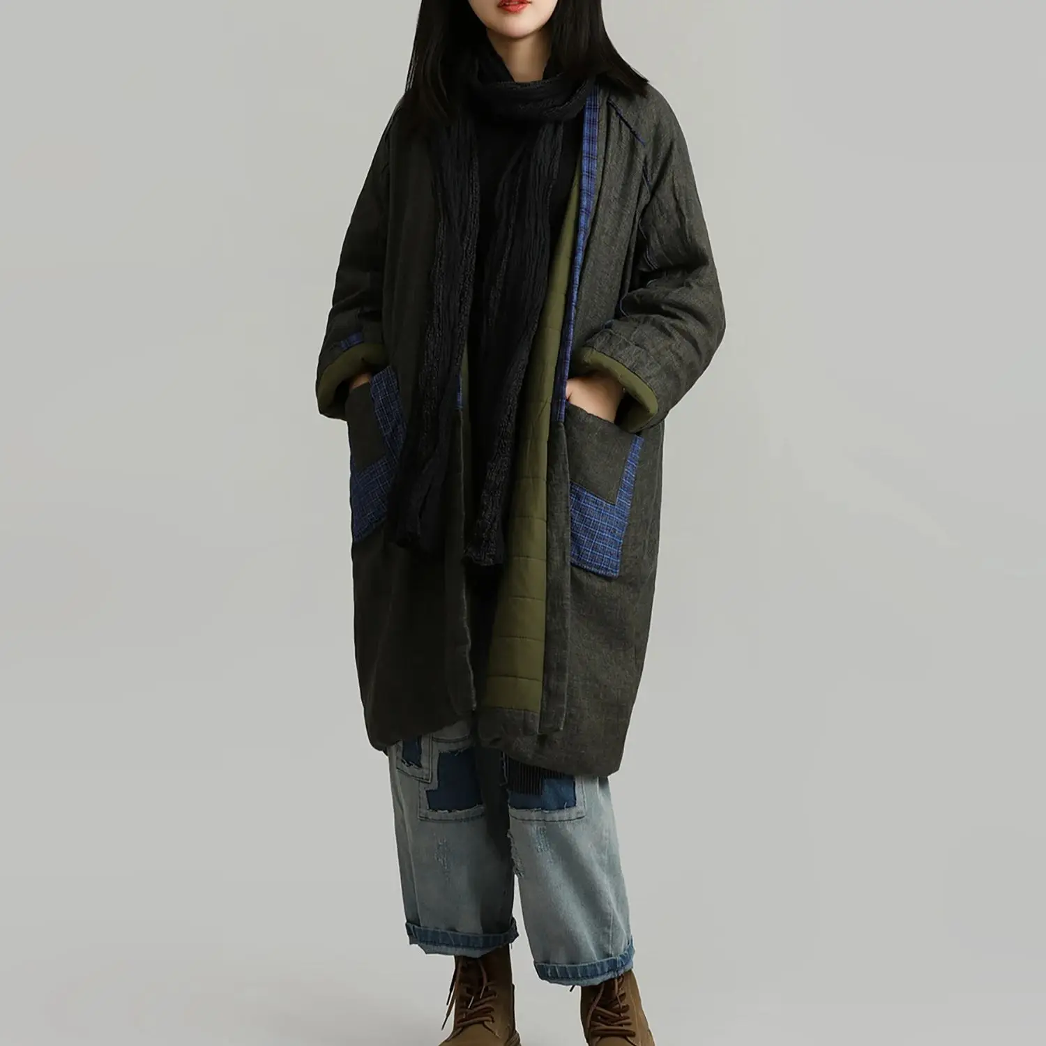 

LZJN Women's Winter Vintage Patchwork Twill Linen Padded Mid-Length Loose Relaxed Fit Comfortable Stylish Warm Coat