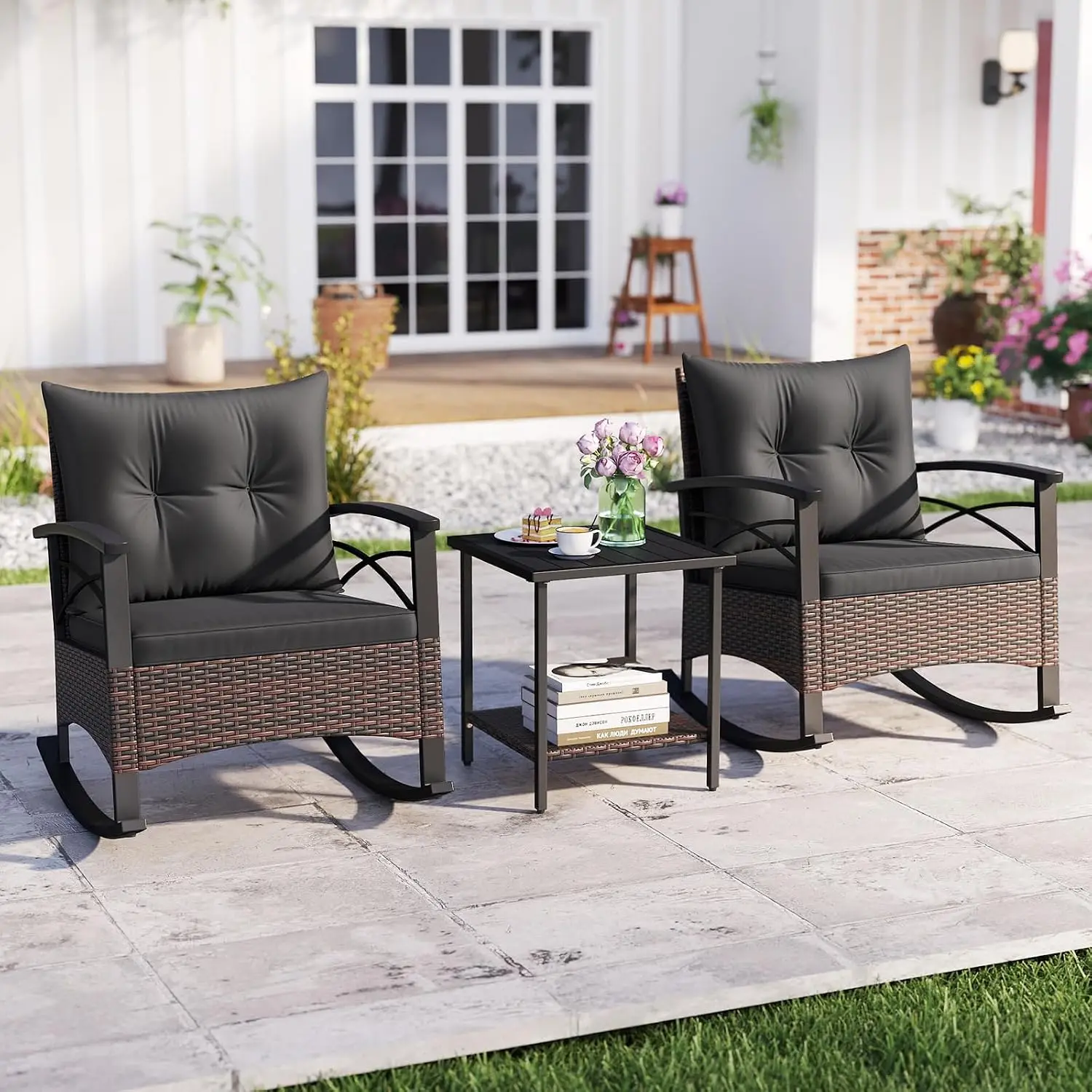 3-Piece Wicker Rocker Set Outdoor Cushioned Chair & Wood Table 400lbs PE Rattan Patio Furniture for Porch Garden, Customized