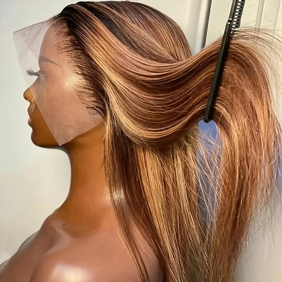 13X4 HD Highlight Ombre 4/27 Glatte Lace-Front-Perücken aus Echthaar, vorgezupft, 200% Dichte, brasilianische Haarperücken für Frauen