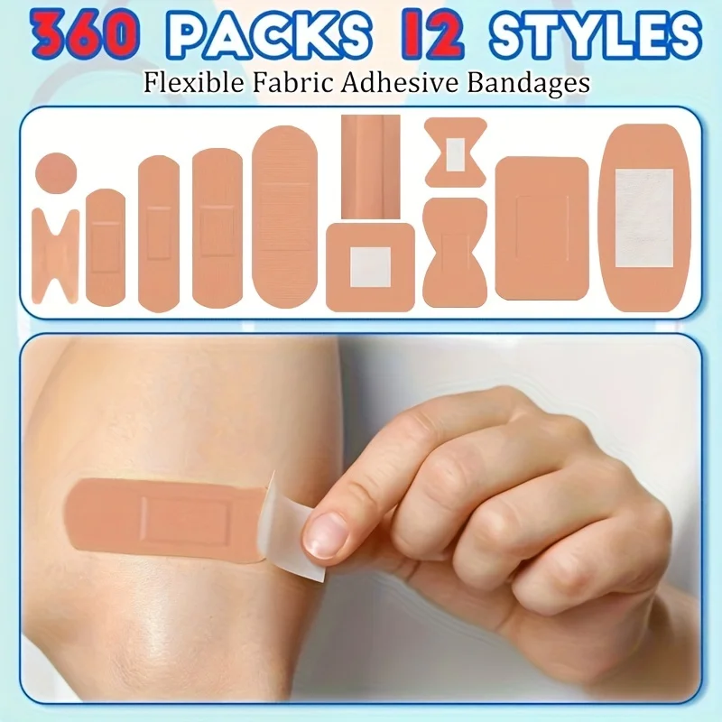 180/360pcs Assorted Flexible Fabric Adhesive Bandages Breathable Fingertip Bandages for First Aid and Wound Care