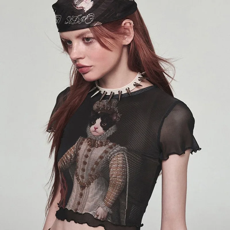 Women's Sexy Cat Print Mesh Top, Summer Fashion Trendy Y2K Cute Chic Blouse for Women