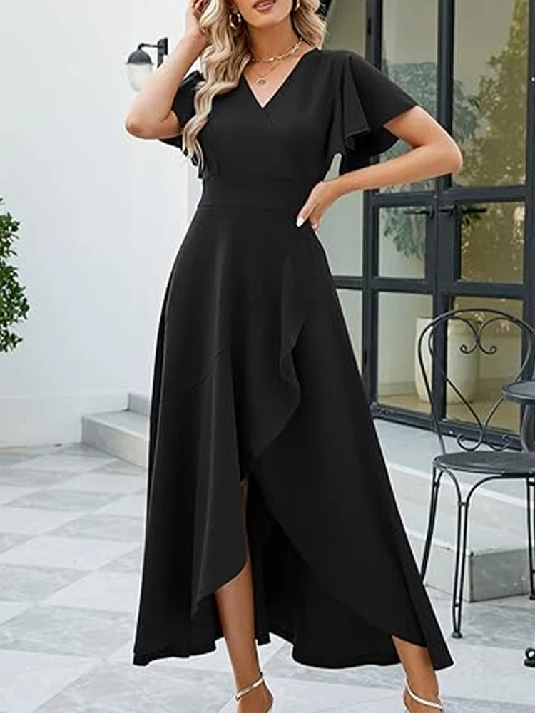 Long Formal Dresses Women's Dresses Evening Cocktail Dresses Slit Elegant Cocktail Slim Fit V Neck Ruffle Wedding Guest Wedding