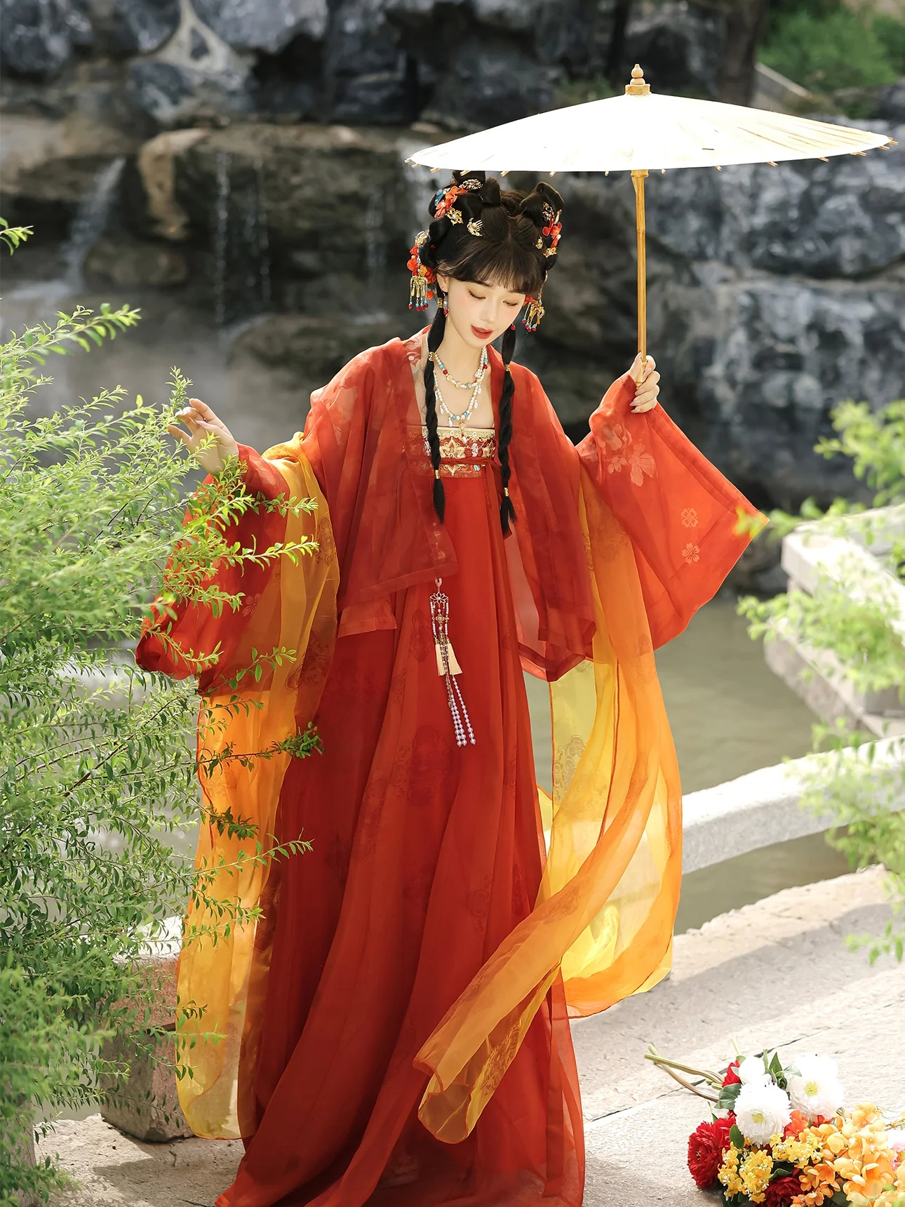 

Комплект Ханьфу «Цветочная Богиня» для женщин: весенне-летний, в стиле династии Тан, с накидкой Фамэнь и шалью до груди