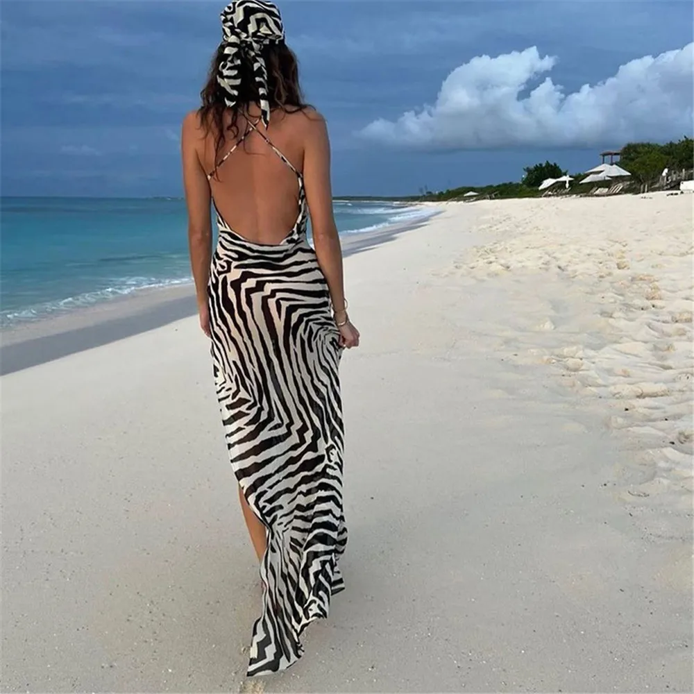 Boniouo Zebra Print Women Summer Beach Dress Female Robe Halter Sexy Maxi Dresses Fashion Elegant Sundress Vestido Woman Outfits