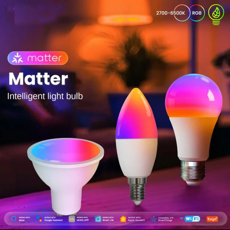 Tuya matéria wifi lâmpada led inteligente escurecimento e27 9w bola lâmpadas inteligentes e14 6w display oled elétrica casa vela luz rgb