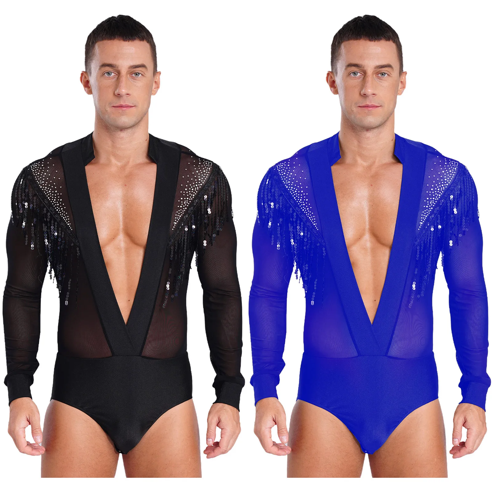 Mens Sequined Tassels Latin Leotard Deep V-neck Sheer Mesh Rhinestones Dance Bodysuit for Salsa Competition Stage Performance