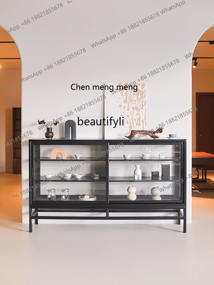 Modern  Nordic Italian Minimalist Sideboard Cabinet Solid Wood Storage Display Cabinet Black Glass Wine against the Wall