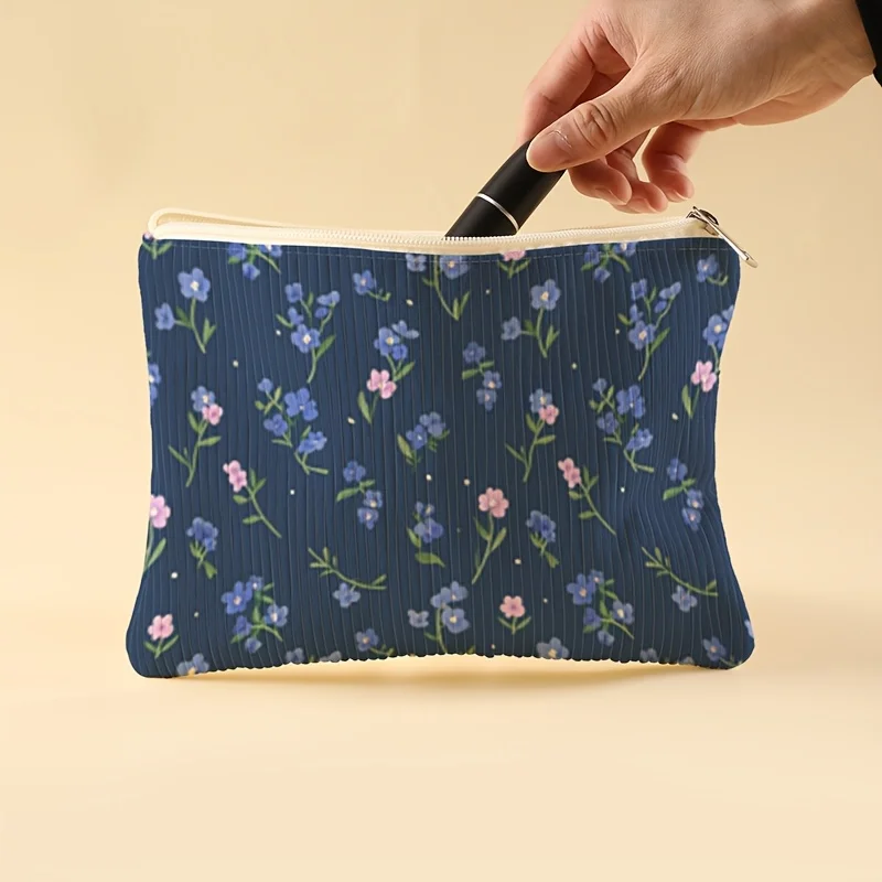 Korea Style Corduroy Makeup Bag Blue Forget Me Not Floral Print Zipper Cosmetic Pouch Travel Toiletry Storage Bag for Women