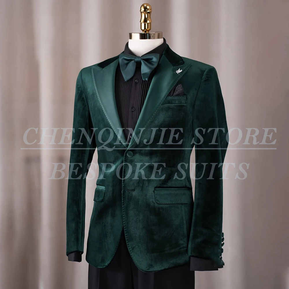 

Customzied Velvet Men's Suits For Wedding Luxury Single Breasted Blazer With Black Pants Formal 2 Piece Jacket Pants Costume