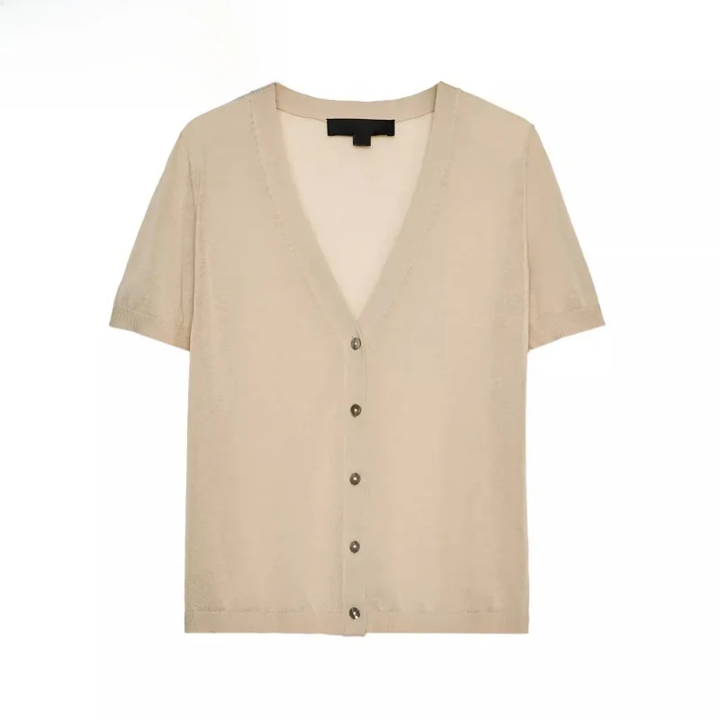 

Comfortable Knitted ort Sve V-Ne T-irt Women's Faion Summer New Arrival Button Decorated Loose Fit Regular Length