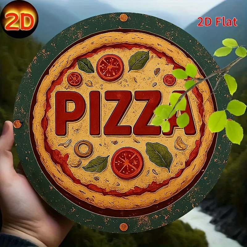 2D Flat, 2D Flat Print, 1 Stück, rundes Eisenschild Wandkunst, Vintage Pizza Metallschild, Küche Café Dekor, geeignet für Zuhause Living Ro