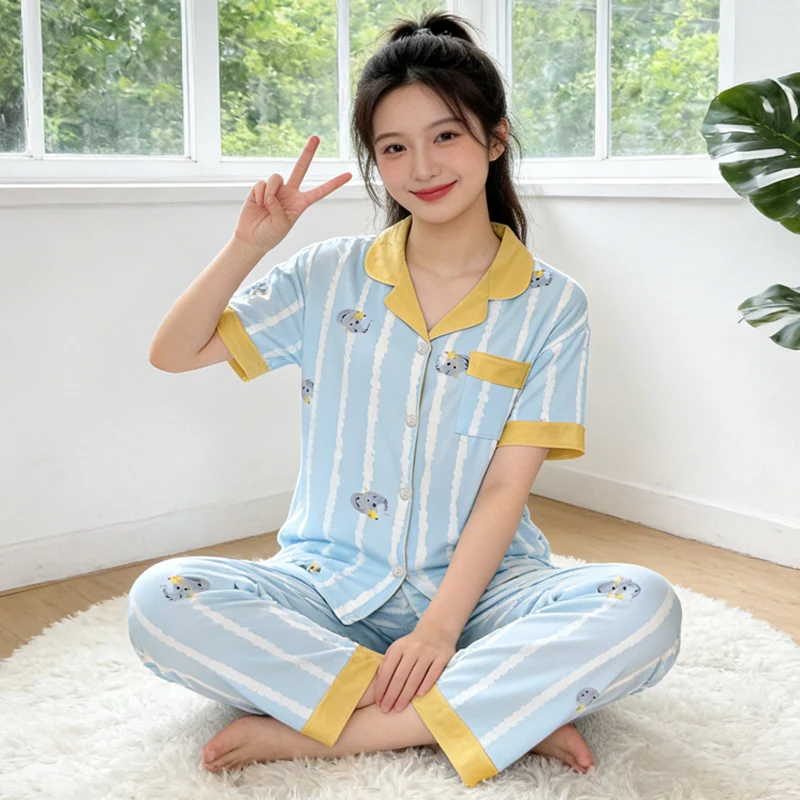 

Женский домашний комплект: пижама с коротким рукавом и брюками в корейском стиле, с контрастными синими полосками, для студенток