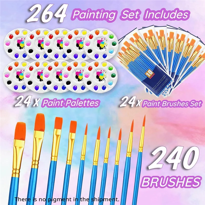 ABFI 264 Buah Set Kuas Cat dan Palet, 24 Pak 240 Buah Kuas Cat Jumlah Besar, 24 Baki Cat Cat, Kuas Akrilik Artis