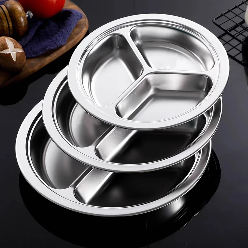 Stainless Steel Round Divided Dinner Plates for Food Home Tableware Canteen Lunch Container Snack Dishes Tray 3/4/5/6 Section