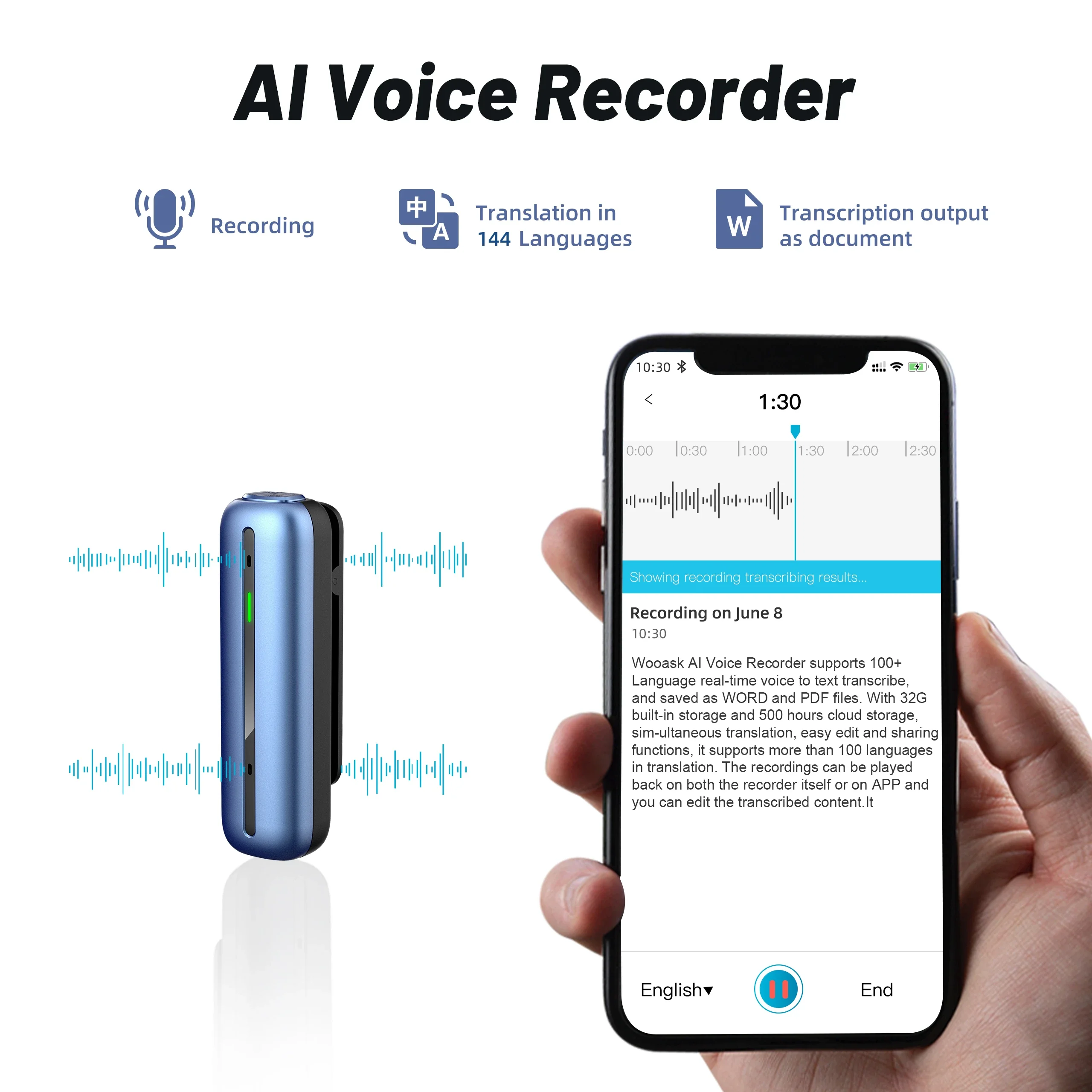 Wooask S01 Digital Recording Translator Mini Voice Translation Recorder Pen Transcription 144 Languages for Interview Meeting