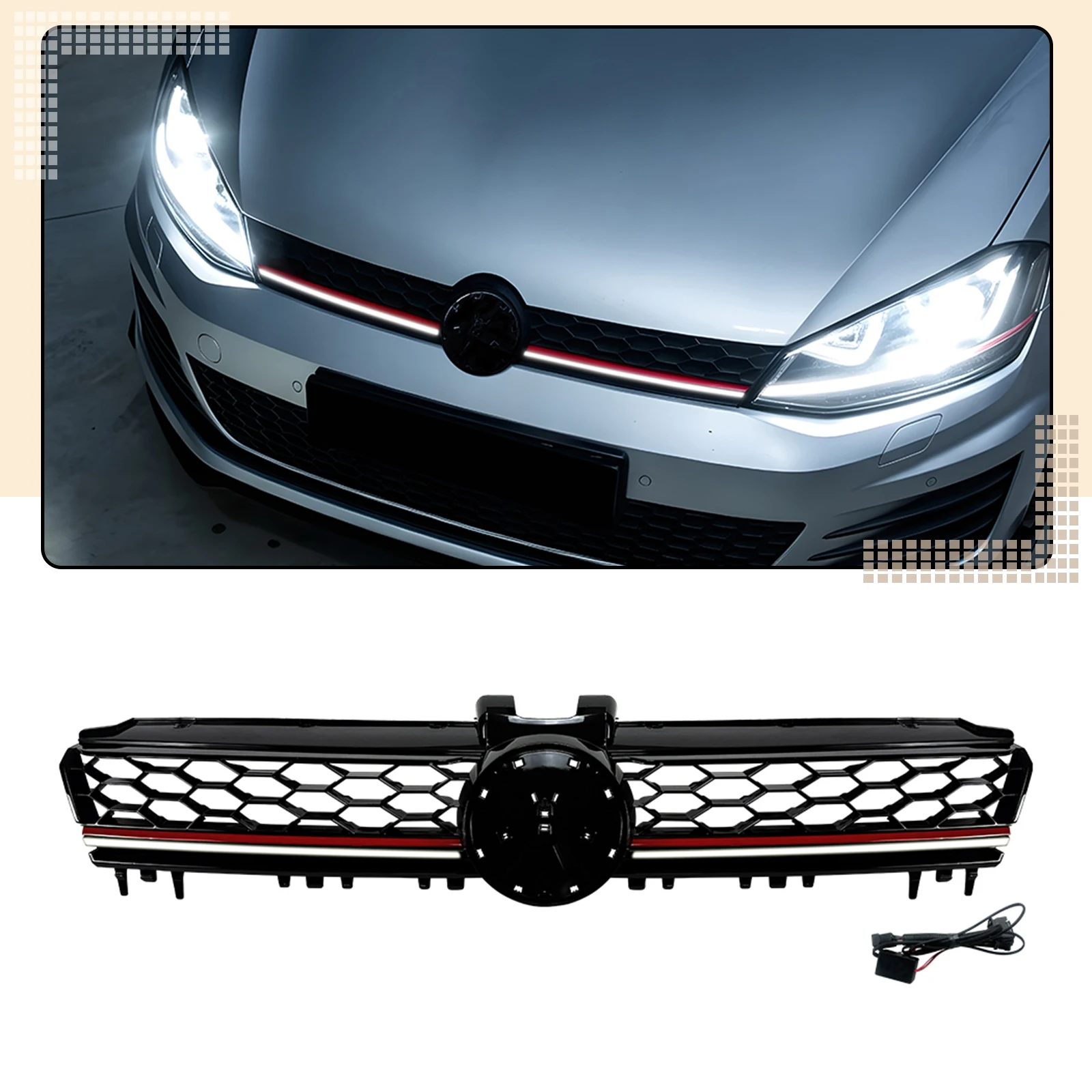 Racing Grill Front Grille Mesh Grid Upper Bumper Hood Cover Trim For Volkswagen VW Golf 7 MK7 GTI 2013-2016 Gloss Black