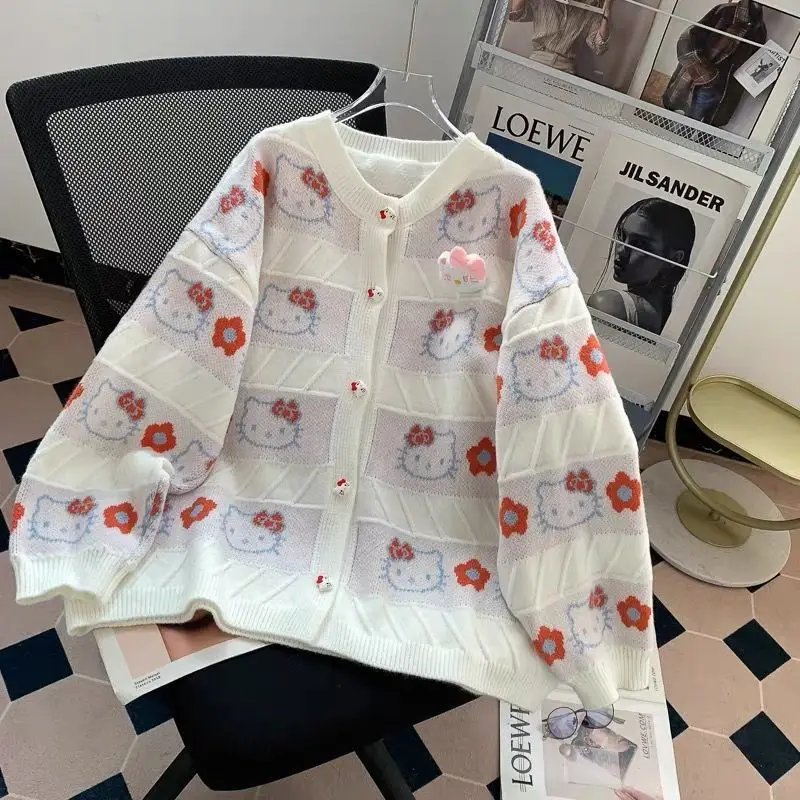 

Sanrio Hello Kitty, женский вязаный кардиган, осенне-зимний наряд, женская одежда в консервативном стиле Y2k, милый свитер, уменьшающий возраст женский топ