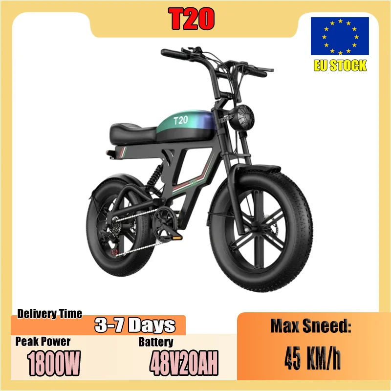 T20 Elektrofahrrad 1800W Spitzenleistung 48V20AH Lithium-Akku Mehrfache Stoßdämpfung E-Bike 20*4 Zoll Fettreifen Allterrain-Elektrofahrrad