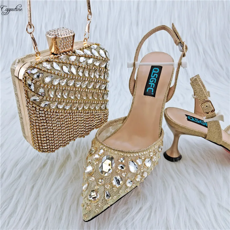 

Peach Stones Women Shoes And Bag Set To Match Luxury African Ladies Pumps With Handbag Sandals Clutch Escarpins Femme QSL062