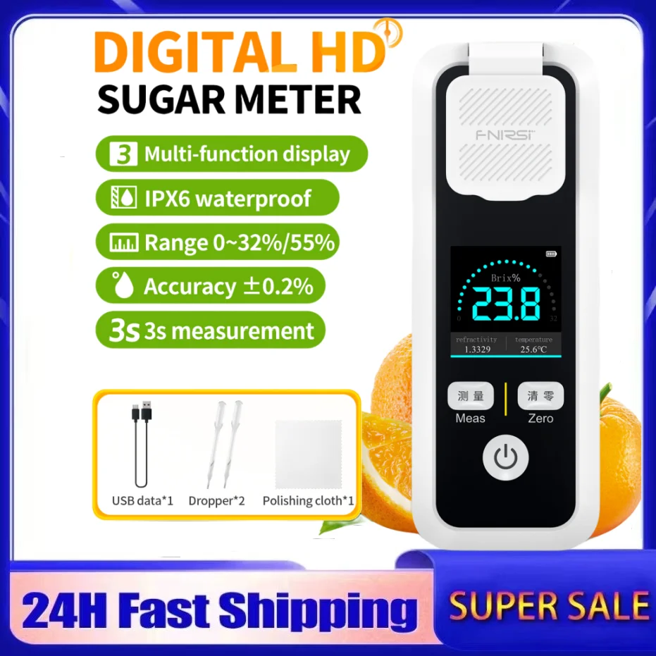 FNIRSI JBM-10 JBM-20 Digital Brix Refractometer Rechargeable Sugar Content Meter Measure Fruit Juice Beverage Wine Beer 32%/55%